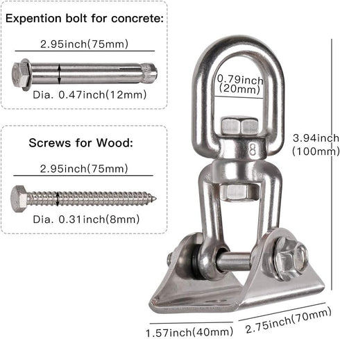 Heavy Duty 360° Swivel Swing Hanger, Stainless Steel Hammock Hook for Ceiling, Porch Swing, Gym, 1000 lb Capacity