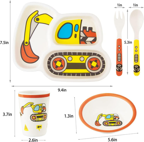 Kids Tableware Set, 5-Piece Set Included Plate, Bowl, Cup, Fork, and Spoon - Toddler Dinnerware, Baby Feeding Divided