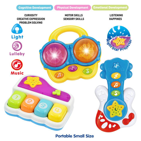 WEofferwhatYOUwant Baby Musical Instrument Set - Guitar, Bongo Drums & Piano - Bedtime Light-up Projector, All