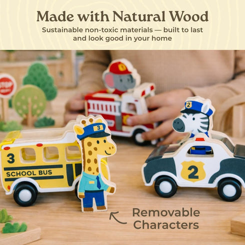 1 2 1-3 6-12 Little Acorn, Wooden Pull Back Cars with Mix & Match Characters | Montessori Toys for & Year Old | Car