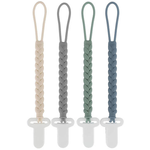 4-Pack Silicone Pacifier Clips with Woven Rope Shape, Flexible Holders for Baby Boys & Girls, Safe for Newborns (Grey)