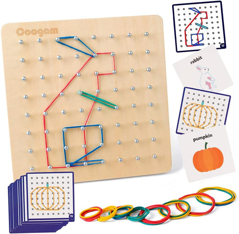 Coogam Wooden Geoboard, 8x8 Graphical Educational Toy with 30Pcs Pattern Cards and Latex Bands for Kids