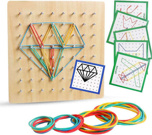 Wooden Geoboard with Rubber Bands, Montessori Educational Toy for Kids, Graphical Math Pattern Blocks & Cards
