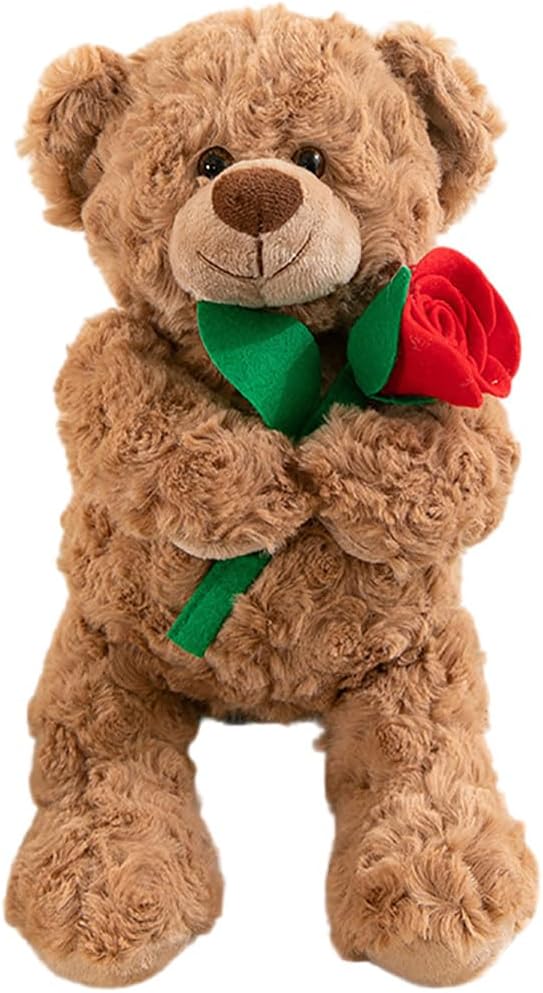 Teddy Bear Stuffed Animal with Rose, Soft Cuddly Plush Bear, Gifts for Kids, Baby Shower, Valentine's Day (Brown)