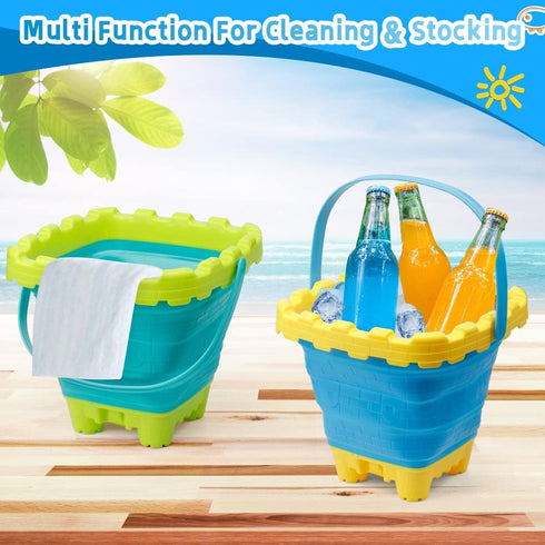 7 PCS Castle Foldable Beach Sand Buckets Toy Set with Shovels, 3L Silicone Collapsible Bucket for Kids, Camping Gear