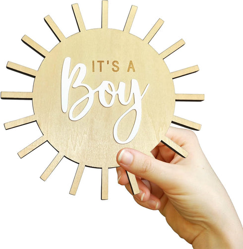 Double Sided Sun Gender Reveal Sign, Boho Sun Baby Boy or Girl Pregnancy Birth Announcement Wooden Sign, It's A Boy