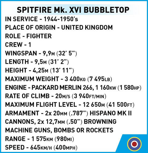 Set, 152 COBI Historical Collection WWII Spitfire Mk. XVI Bubbletop Aircraft Building Pieces