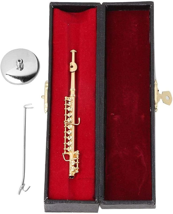 Miniature Flute, 11cm Gold Flute with Stand and Case, Copper Mini Musical Instrument for Dollhouse Decor