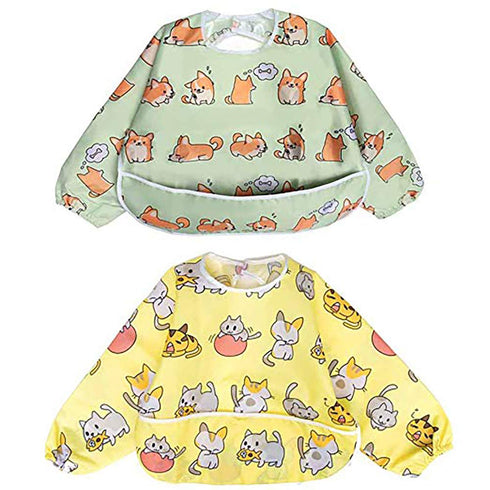 Little Dimsum Full Sleeved Feeding Bib 2 Pack, Baby & Toddler Waterproof Bib Apron, Food Protection Large Pocket Eating