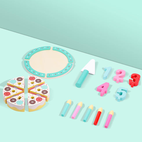 Set Birthday Cake Cutting Toys, Wooden Play Food for Kids Toddlers, Pretend Play Kitchen Toys for Boys Girls