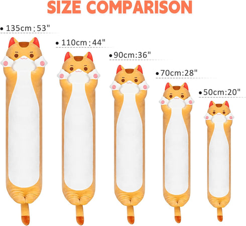 Long Cat Plush Kawaii Body Pillow - 44” Cute Brown Cat Stuffed Animals, Orange Kitten Plush Throw Pillow Gift