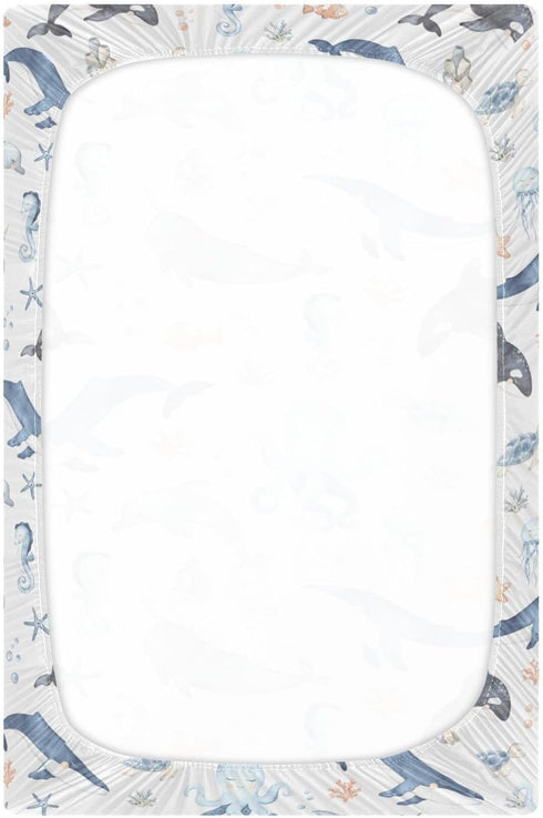 CHUROUSY 28x52 Inch Ocean Animal Crib Sheets for Boys Girl Whale Shark Dolphin Starfish Jellyfish Mattress Cover