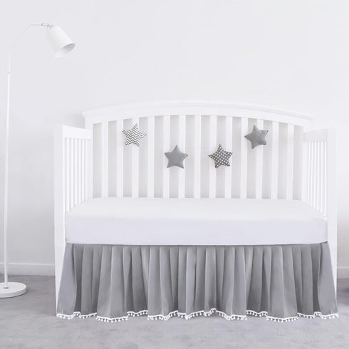 Crib Bed Skirt Grey Pleated with White Lovely Pompoms, Bedding Dust Ruffle