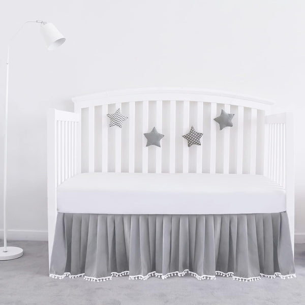 Crib Bed Skirt Grey Pleated with White Lovely Pompoms, Bedding Dust Ruffle