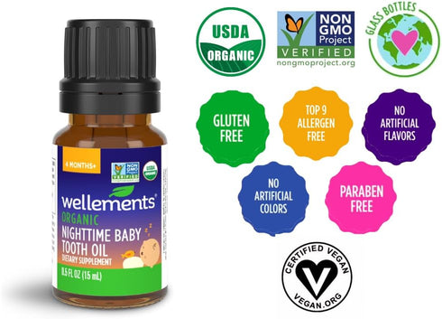 4 (0.5 Oz) Wellements Organic Nighttime Baby Tooth Oil for Months+ Fl - Baby Teething Relief Oil* for Soothing