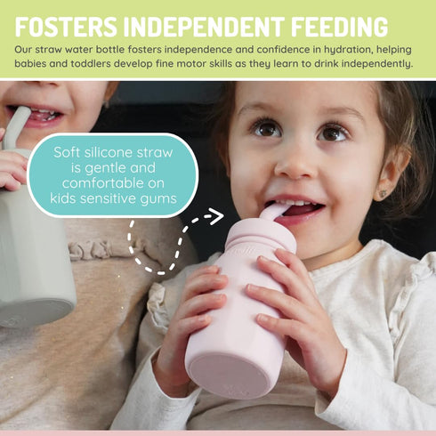 BPA-Free Pink Silicone Water Bottle with Straw for Kids