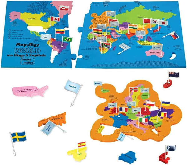Imagimake Mapology World Map Puzzle - Includes Country Flags & Capitals |