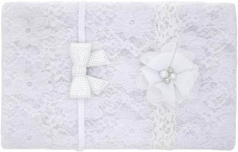 Newborn Baby Lace Wrap Blanket and 2 pcs Beads Headband - Baby Photography Props (T1), White