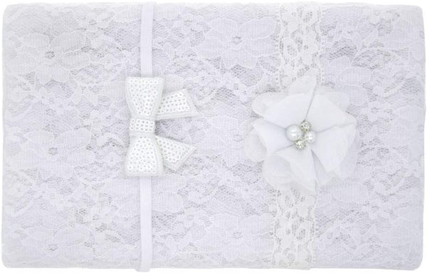 Newborn Baby Lace Wrap Blanket and 2 pcs Beads Headband - Baby Photography Props (T1), White