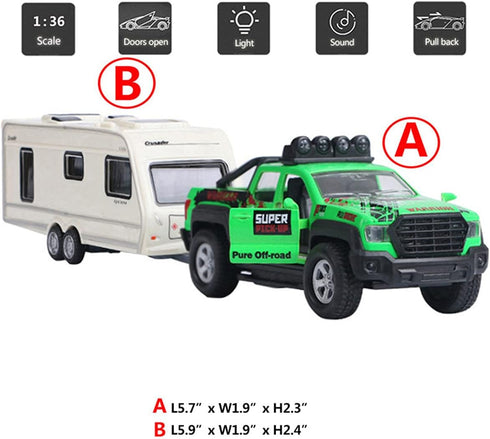 Metanyl 2 1 Playset 1/36 Pickup Truck Trailer Towing Toy Camper in RV Motorhome Toys for Boys Diecast Model Car Metal
