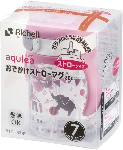 Richell Aqulea Outing Straw Mug, 200ml, Pink