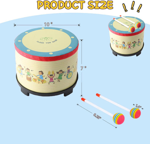 Floor Tom Drum 10 Inch, Colorful Percussion Instrument with 2 Mallets for Child Special Gift.