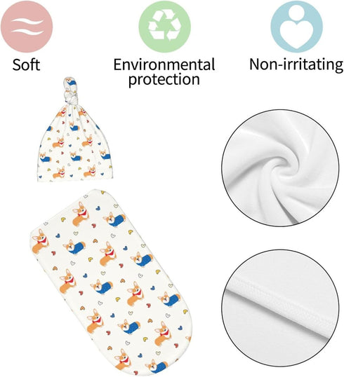 Broiteid Set,Baby Dog Corgi Baby Stuff Newborn Swaddle Blanket with Beanie Hat and Headband Swaddle Blanket Gifts