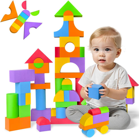 Large Foam Blocks for Toddlers 2-4 Years, Big Building Blocks Set, Soft Stacking Montessori Toys for 18+ Month Olds