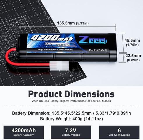 Zeee 7.2V 4200mAh NiMH Battery with Tamiya Connector, High Power for RC Car Truck (2 Pack)