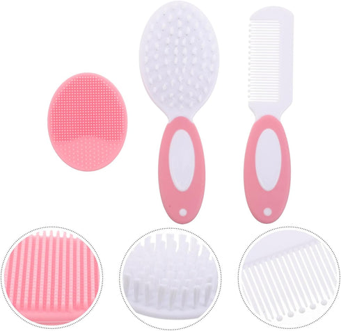 Set ibasenice Brush and Comb for Newborns, Silicone Scalp Massage Hairbrush and Palm Detangling Comb, Pink Nylon