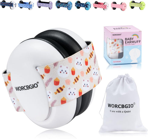 Infant Noise Cancelling Ear Protection Muffs, Adjustable Elastic Headband for Toddler Hearing (Bear, White)