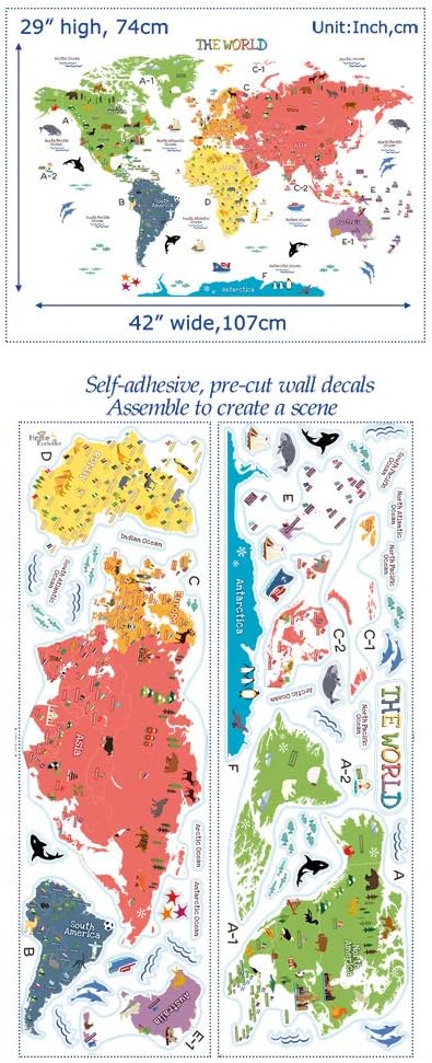 HomeEvolution Kids Educational Removable World Map Peel and Stick Large Wall Decals Stickers for Nursery Bedroom