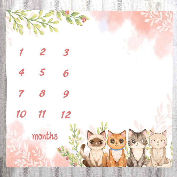 Baby Monthly Milestone Blanket for Girls, Spring Pink Cartoon Animal Cat Growth Chart, 48x40 Inch