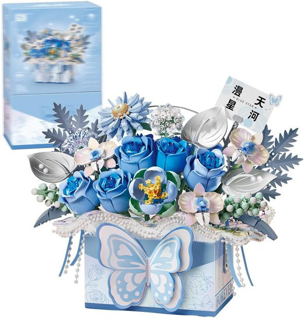 Mini Portable Block Flower Set, Blue Rose Creative Eternal Flower Gifts Box