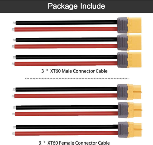 3 Pairs XT60 Connector Male Female Plug with Sheath Housing, 100mm 12AWG Silicon Wire for Lipo Battery RC Planes Cars