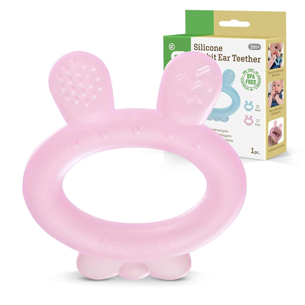 Haakaa Rabbit Ear Silicone Baby Teether, Frozen Teething Toy for Babies 3-6 Months, BPA Free, Pink