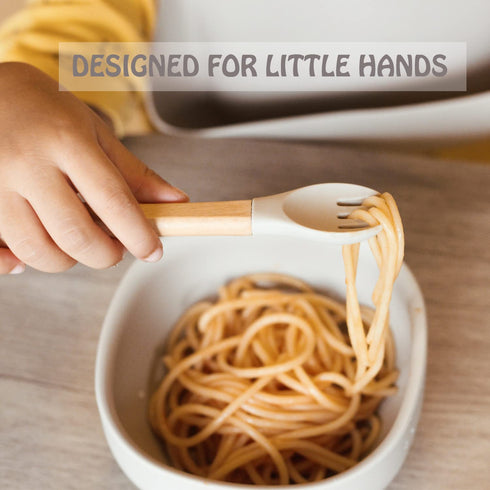 Ginbear Silicone Baby Spoon and Fork Set for Self-Feeding, Toddler Flatware 6 Months+ (Hazy Green/Almond)