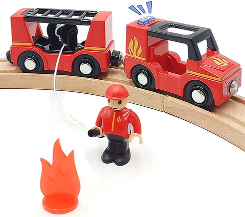 DSHMIXIA Wooden Train Cars Track Accessories Set Rescue Fire Truck Small Vehicles Magnetic