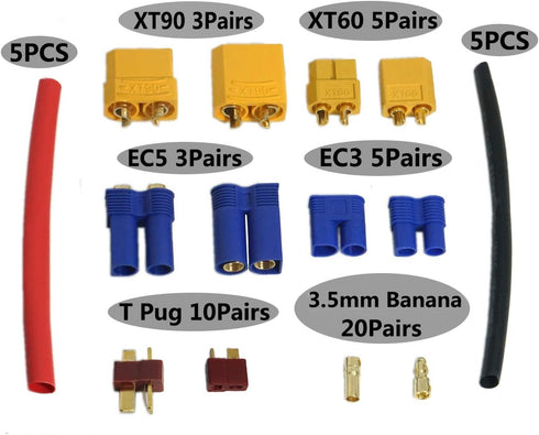 XT60/XT90/EC3/EC5/T Plugs/3.5mm Banana Plug Male Female Adapter Connectors with Heat Shrink Tubing (102PCS)