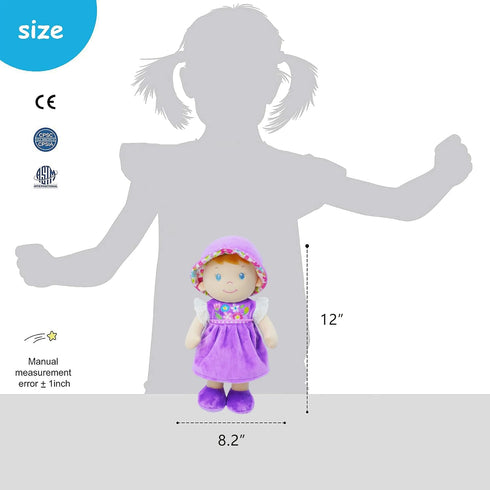 June Garden 12" Soft Dolly Laura - Stuffed Baby Doll Gift for 1-3 Year Old Girls in Purple Dress