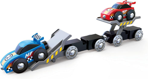 Set Hape Race Car Transporter | Six-Piece Wooden Toy Train Car Transport for Kids