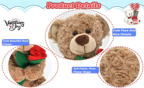 12'' Stuffed Teddy Bear Dolls with Rose, Soft Plush Animal Toys for Valentine's Day Gifts for Her, Girlfriend, Mom