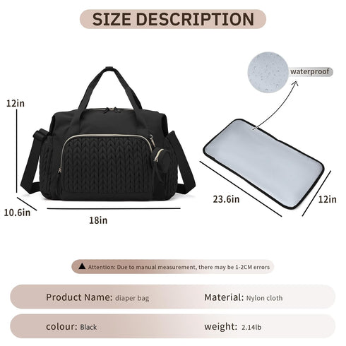 Fwkekye Diaper Bag Tote, Crossbody Large Travel Baby Bag for boys & Girls with Changing Pad & Pacifier Case, Black
