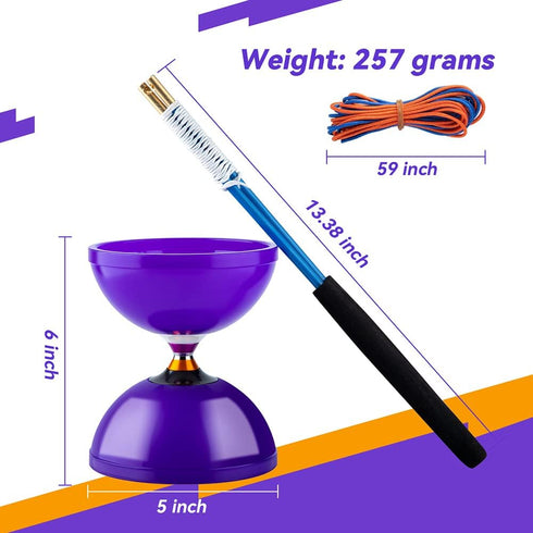 Pro Diabolo Yoyo Triple Bearing Chinese Yoyo, 5” Purple Diabolo Toy for Kids and Adults, Includes 2 Carbon Sticks & Bag