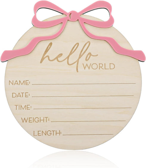Nogeqi Hello World Newborn Sign Baby Name Announcement Sign Bow Birth Announcement Sign