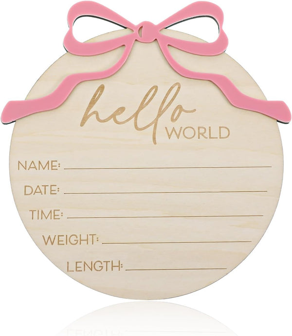 Nogeqi Hello World Newborn Sign Baby Name Announcement Sign Bow Birth Announcement Sign