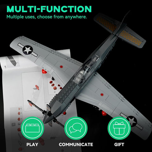 P-51 Set 258 ArtorBricks Mustang Fighter Airplane Military Building with Display Stand - Piece Model Kit for Adults