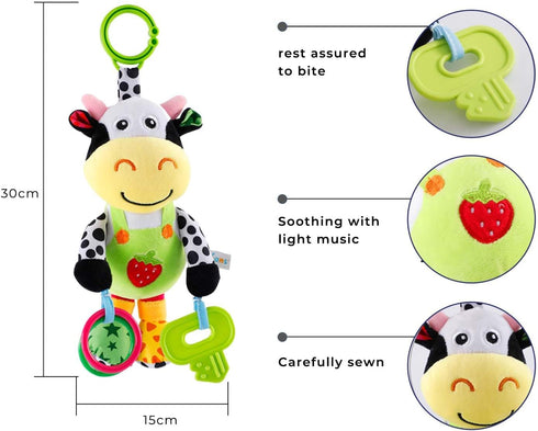 Interactive 3D Teethers Musical Baby Toy-Plush Stroller Hanging Doll for Infant Babies Stuffed Animal Activity Soft Toys with Multi-Sensory Crinkle, Rattle & Textures for Tummy Time 0-3 Years Cow