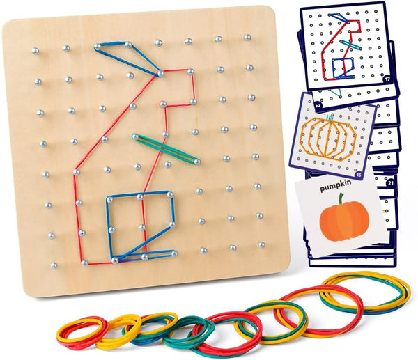 Coogam Wooden Geoboard, 8x8 Graphical Educational Toy with 30Pcs Pattern Cards and Latex Bands for Kids