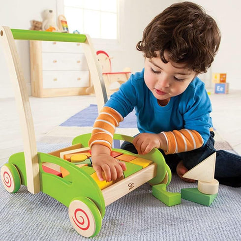 Hape Block and Roll Cart, Toddler Wooden Push and Pull Toy, Multicolored, L: 13.9, W: 11.1, H: 16.1 inch
